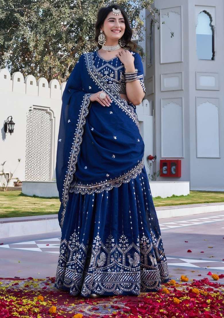 Blue Sequin Work Vichitra Lehenga Set - Indya