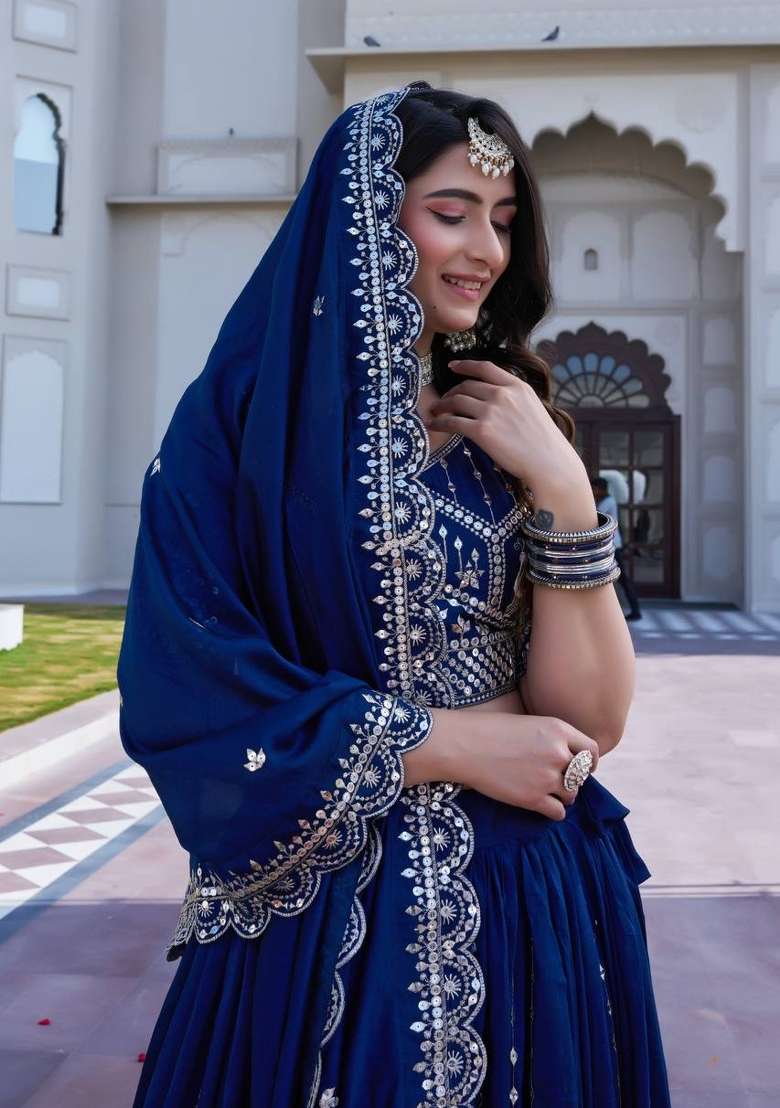 Blue Sequin Work Vichitra Lehenga Set - Indya