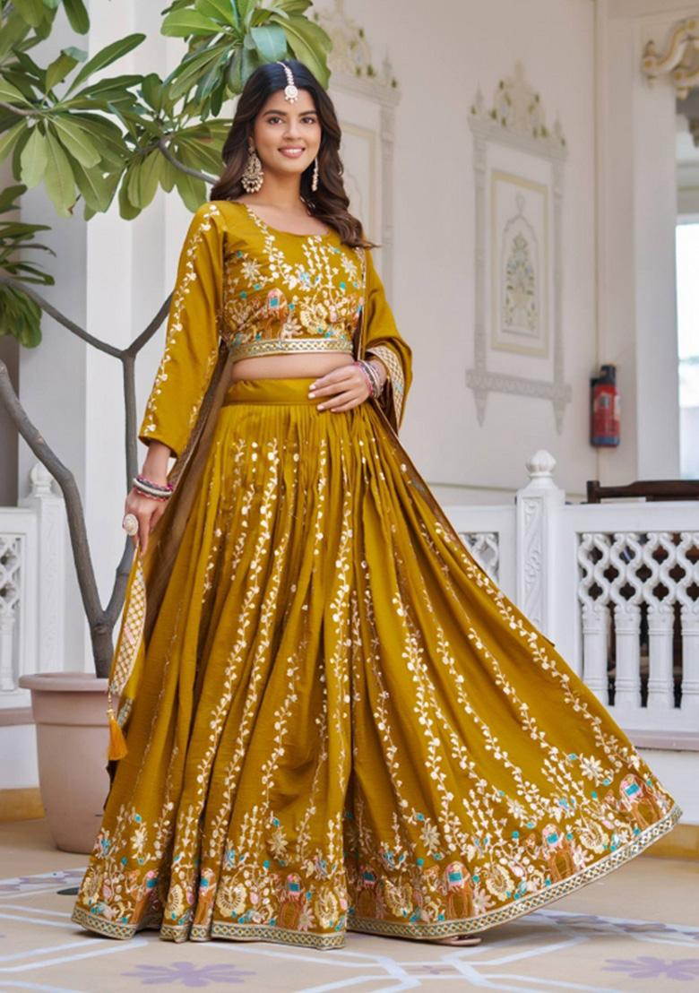 Mustard Sequin Work Vichitra Lehenga Set - Indya