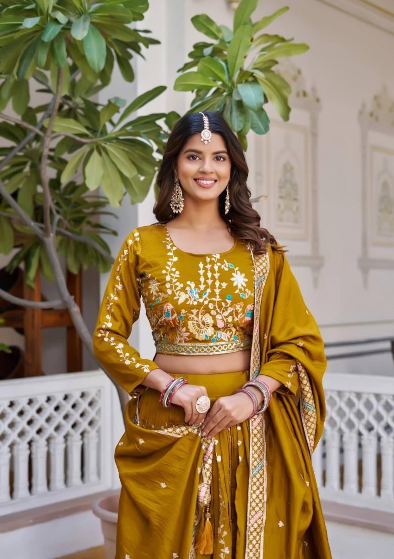 Mustard Sequin Work Vichitra Lehenga Set - Indya
