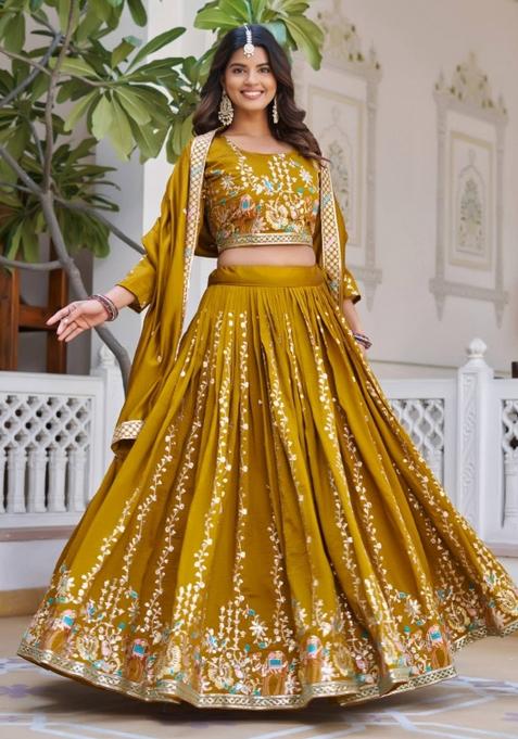 Mustard Sequin Work Vichitra Lehenga Set