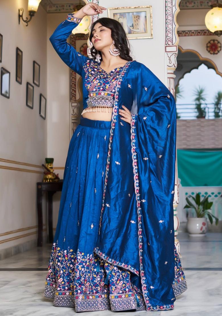 Royal Blue Sequin Work Vichitra Lehenga Set - Indya