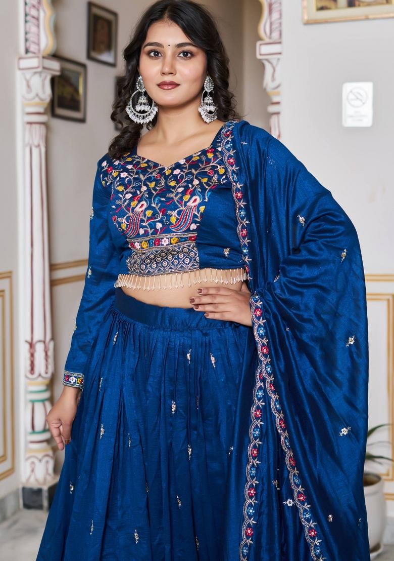 Royal Blue Sequin Work Vichitra Lehenga Set - Indya