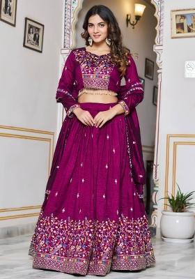 Wine Sequin Work Vichitra Lehenga Set