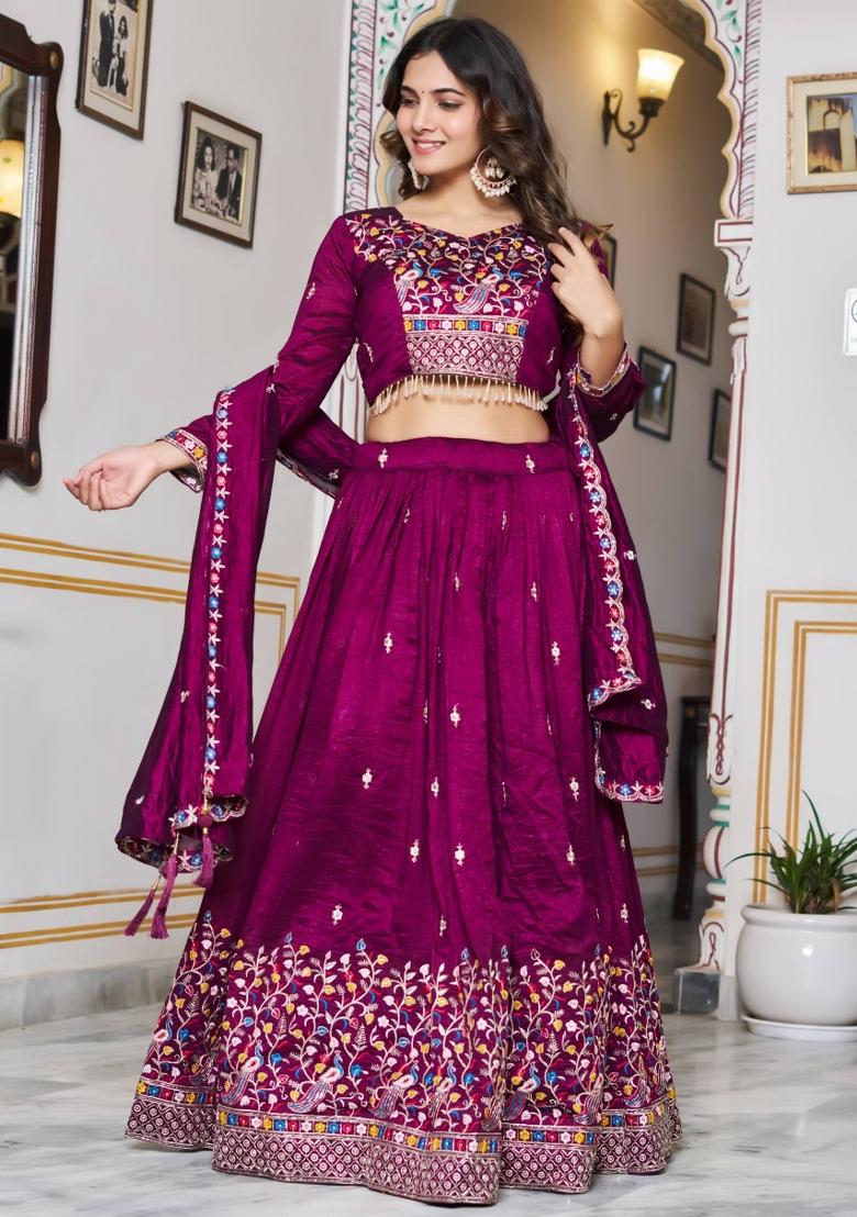 Wine Sequin Work Vichitra Lehenga Set - Indya