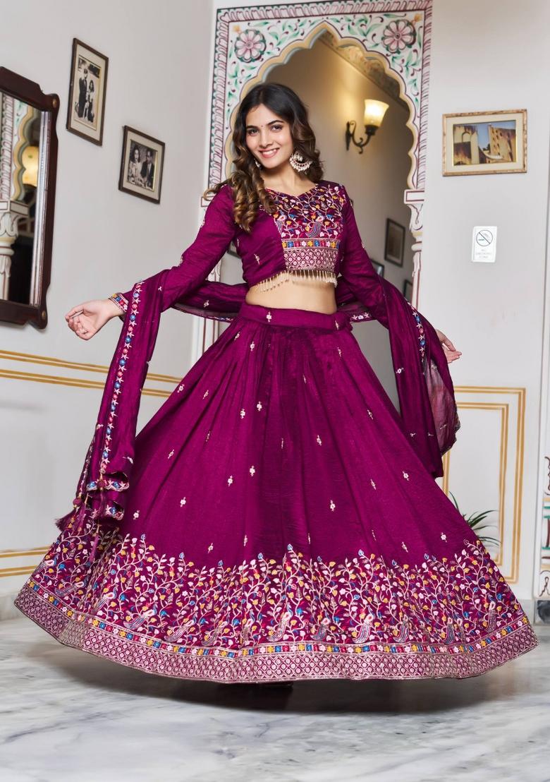 Wine Sequin Work Vichitra Lehenga Set - Indya