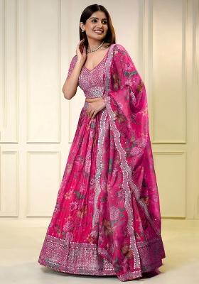 Pink Sequin Work Organza Lehenga Set