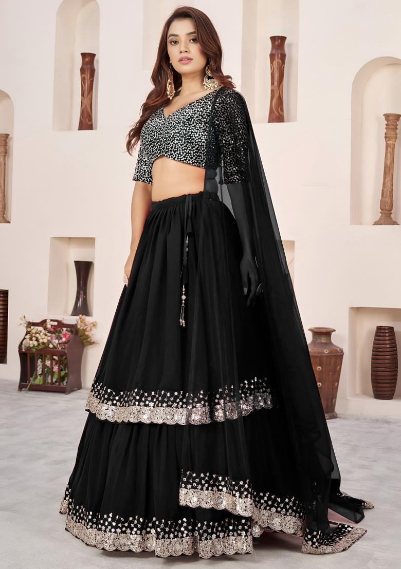 Black Sequin Work Georgette Lehenga Set - Indya