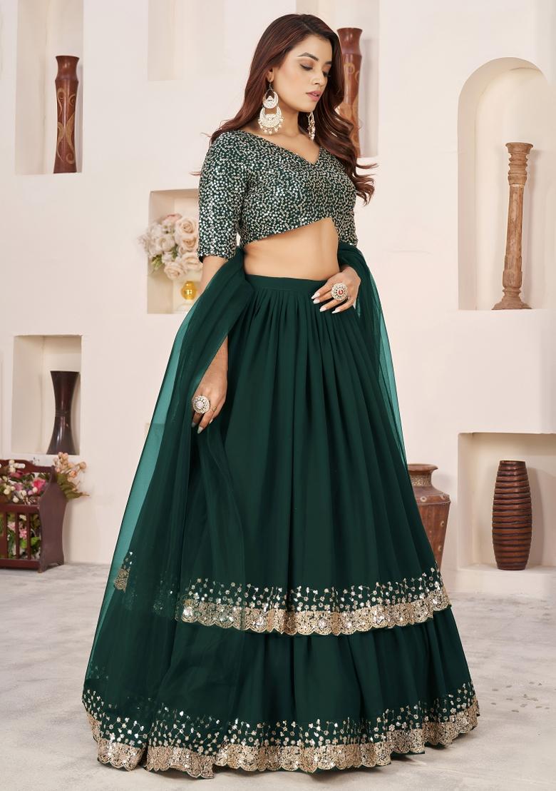 Green Sequin Work Georgette Lehenga Set - Indya