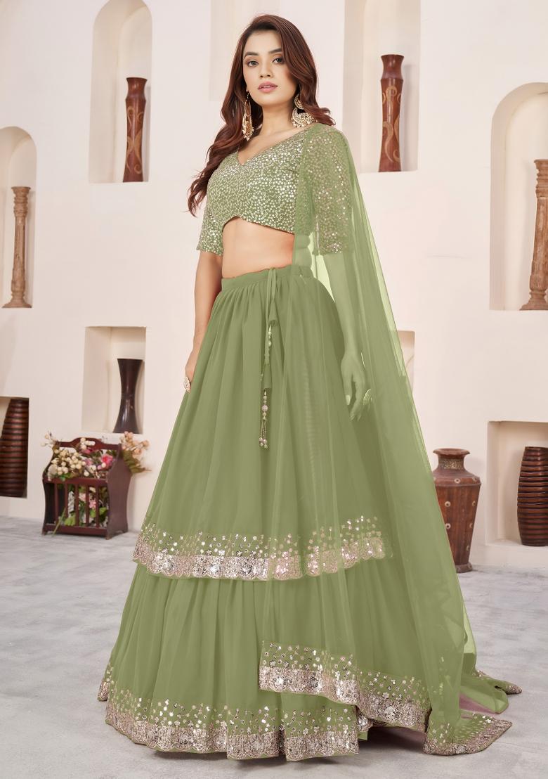 Olive Sequin Work Georgette Lehenga Set - Indya