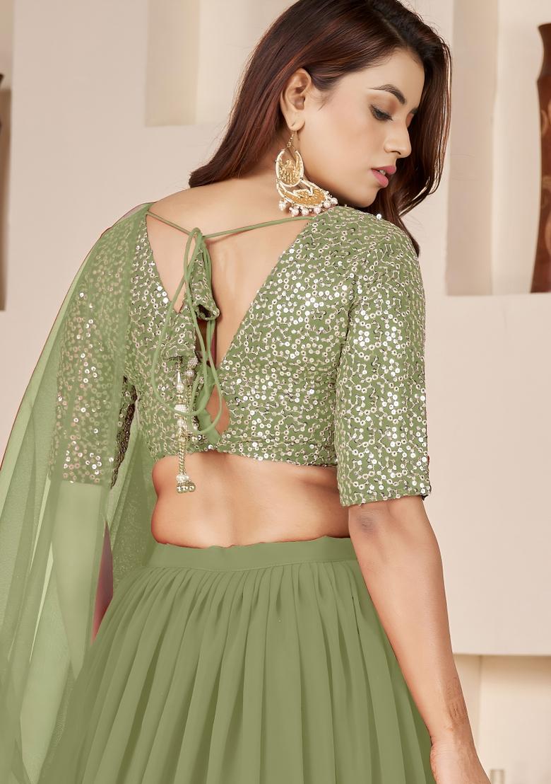 Olive Sequin Work Georgette Lehenga Set - Indya