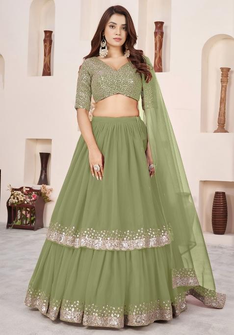 Olive Sequin Work Georgette Lehenga Set