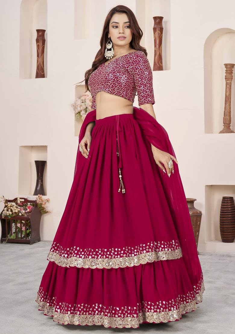 Pink Sequin Work Georgette Lehenga Set - Indya
