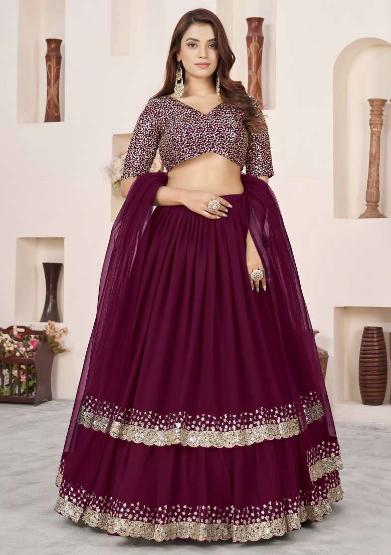 Purple Work Georgette Lehenga Set with Sequin for Diwali | Wedding & Festive Wear - Indya