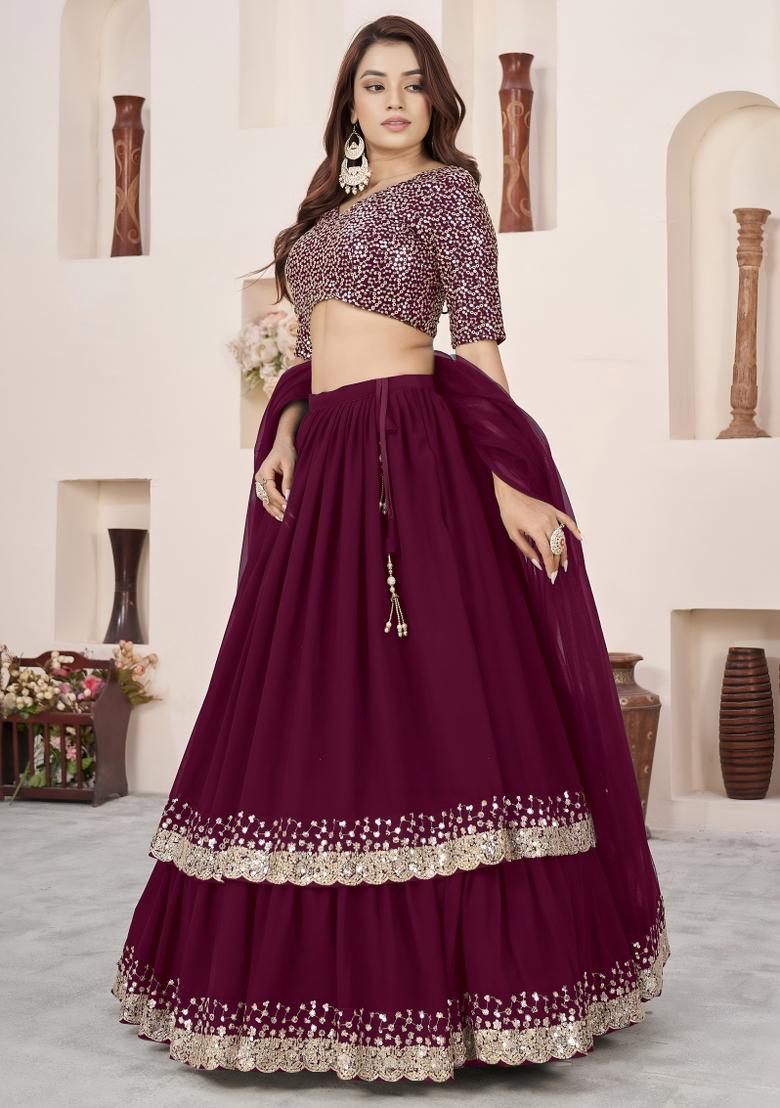 Purple Sequin Work Georgette Lehenga Set - Indya