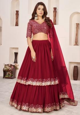Red Sequin Work Georgette Lehenga Set