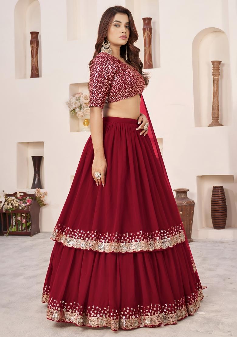 Red Sequin Work Georgette Lehenga Set - Indya