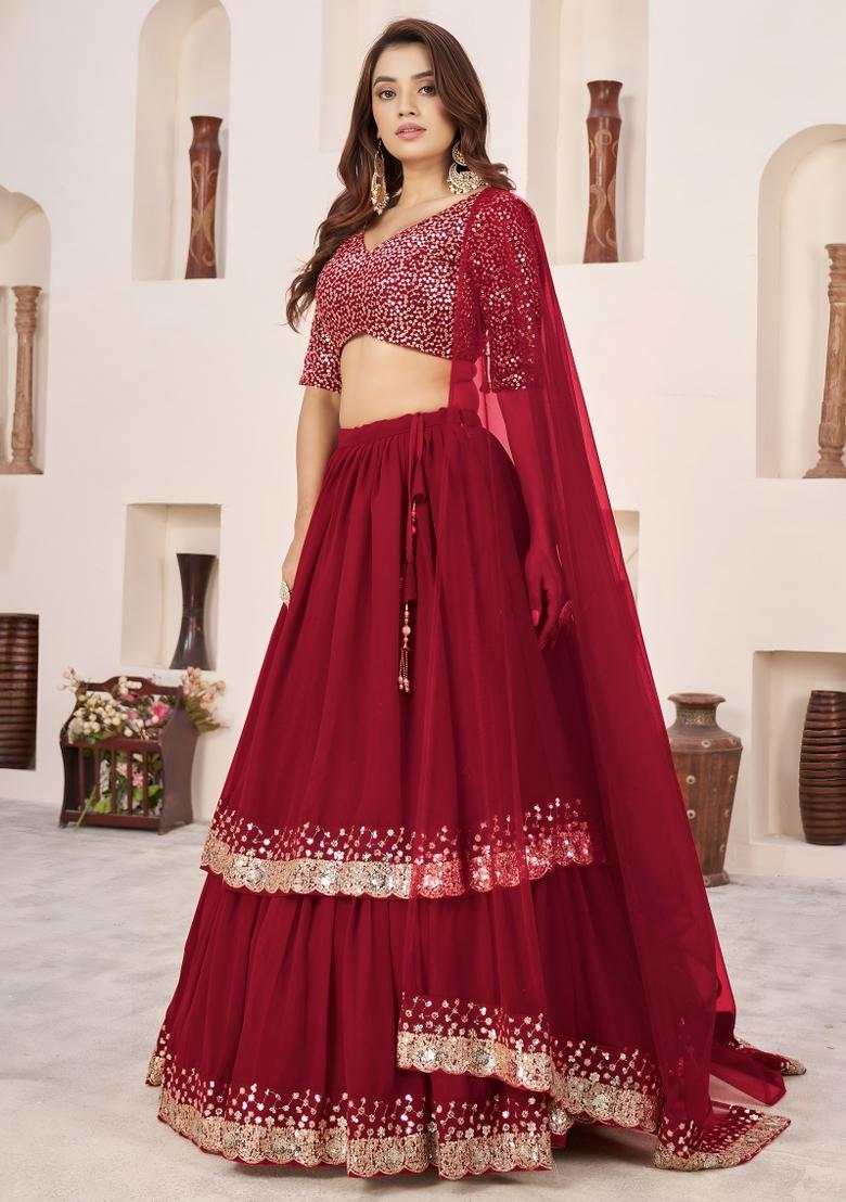 Red Sequin Work Georgette Lehenga Set - Indya