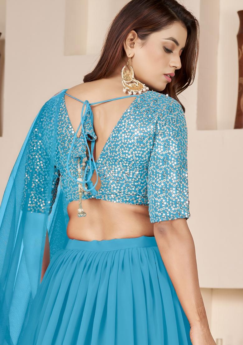 Sky Blue Sequin Work Georgette Lehenga Set - Indya
