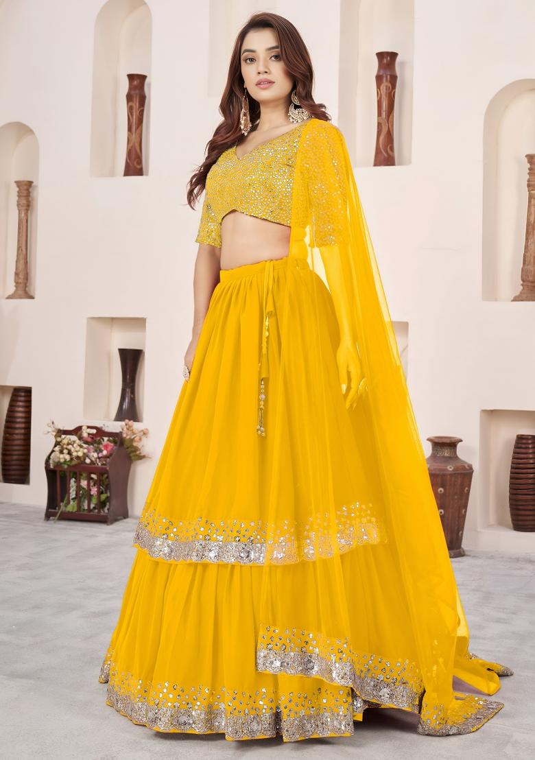 Yellow Sequin Work Georgette Lehenga Set - Indya
