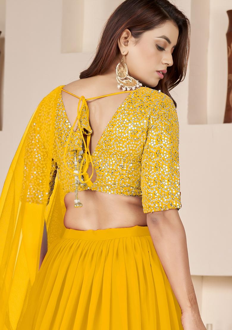 Yellow Sequin Work Georgette Lehenga Set - Indya
