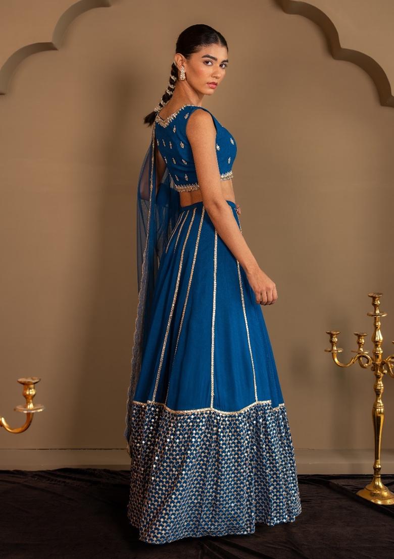 Blue Sequin Work Georgette Lehenga Set - Indya