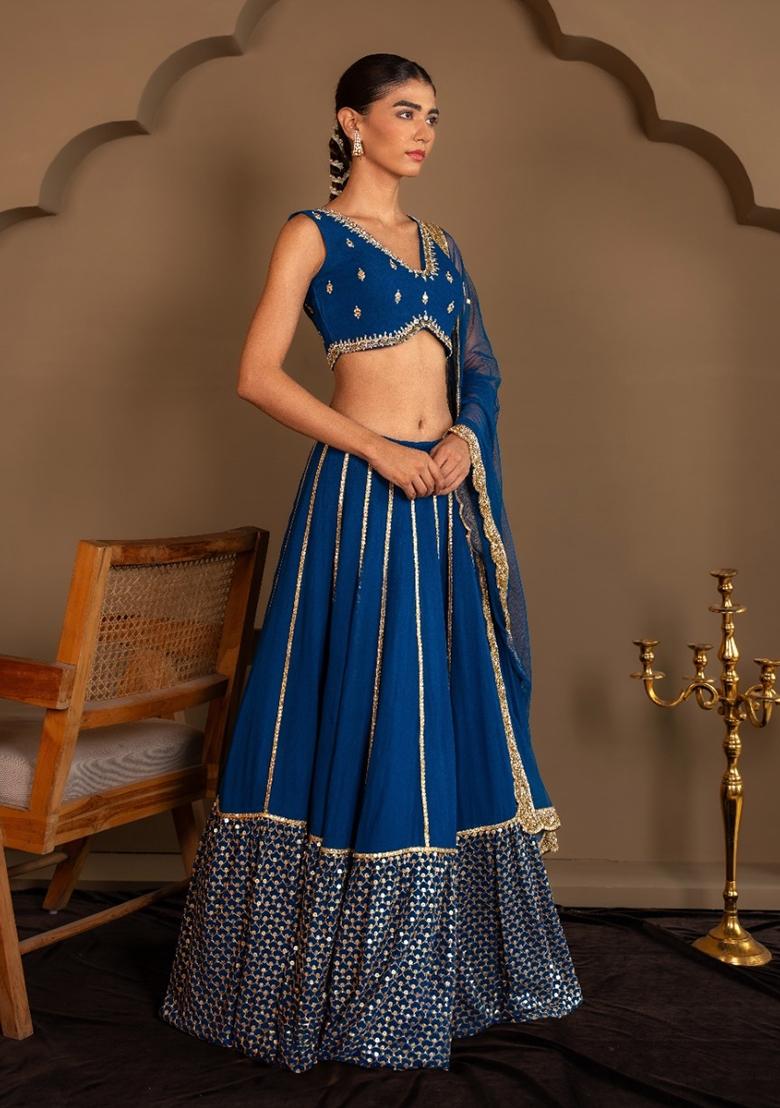 Blue Sequin Work Georgette Lehenga Set - Indya