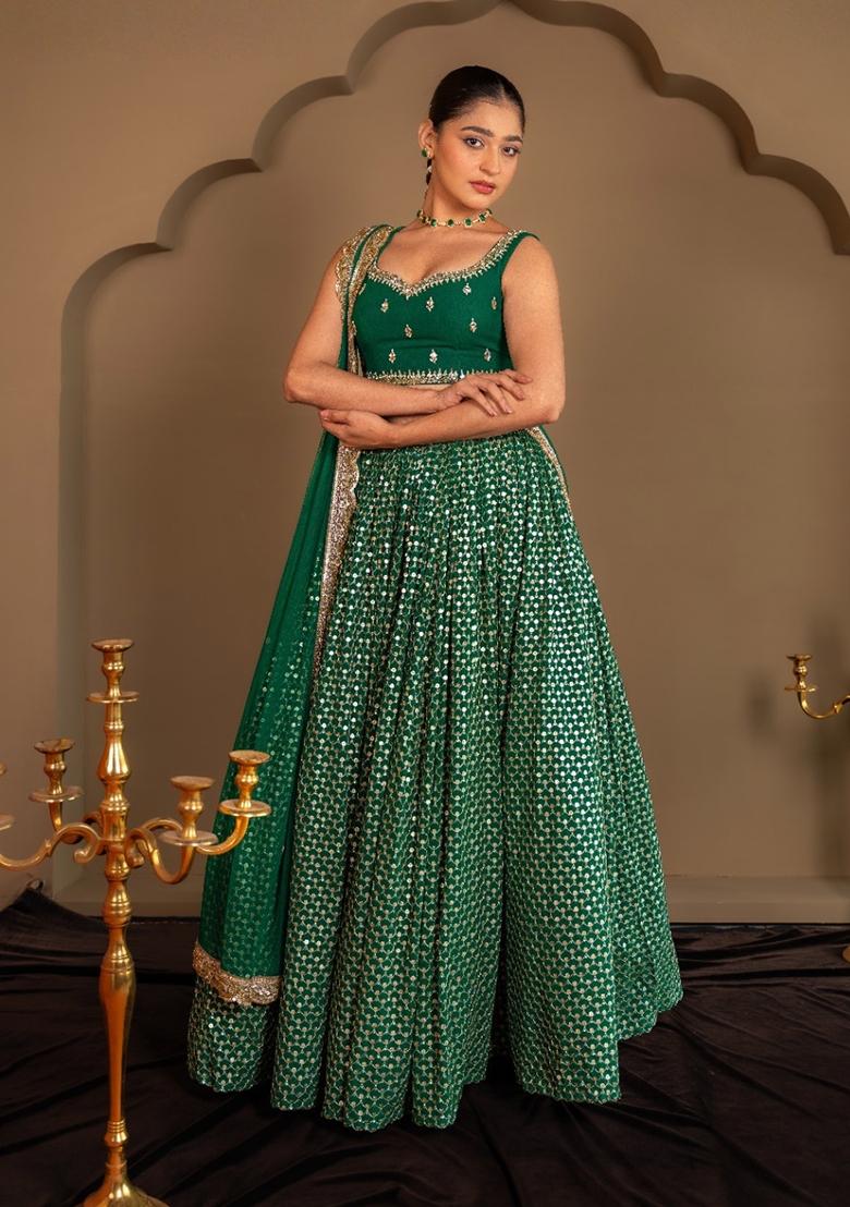 Green Sequin Work Georgette Lehenga Set - Indya