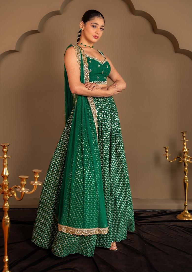 Green Sequin Work Georgette Lehenga Set - Indya