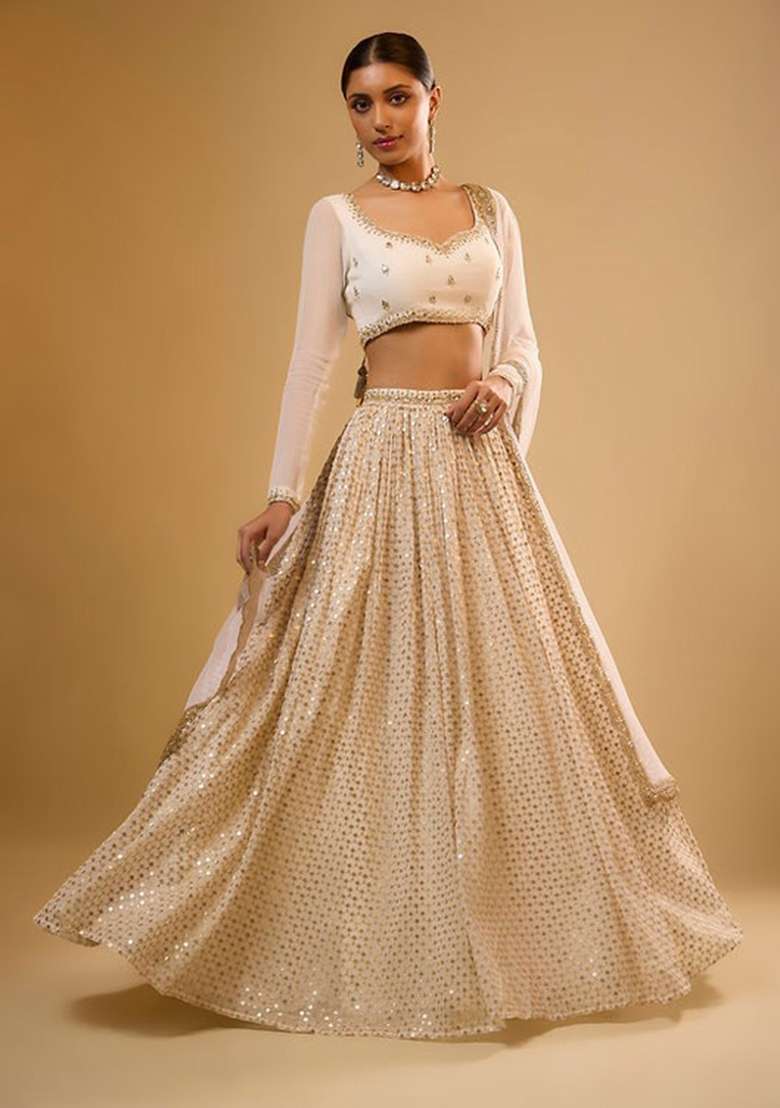 White Work Georgette Lehenga Set with Sequin for Diwali | Wedding & Festive Wear - Indya