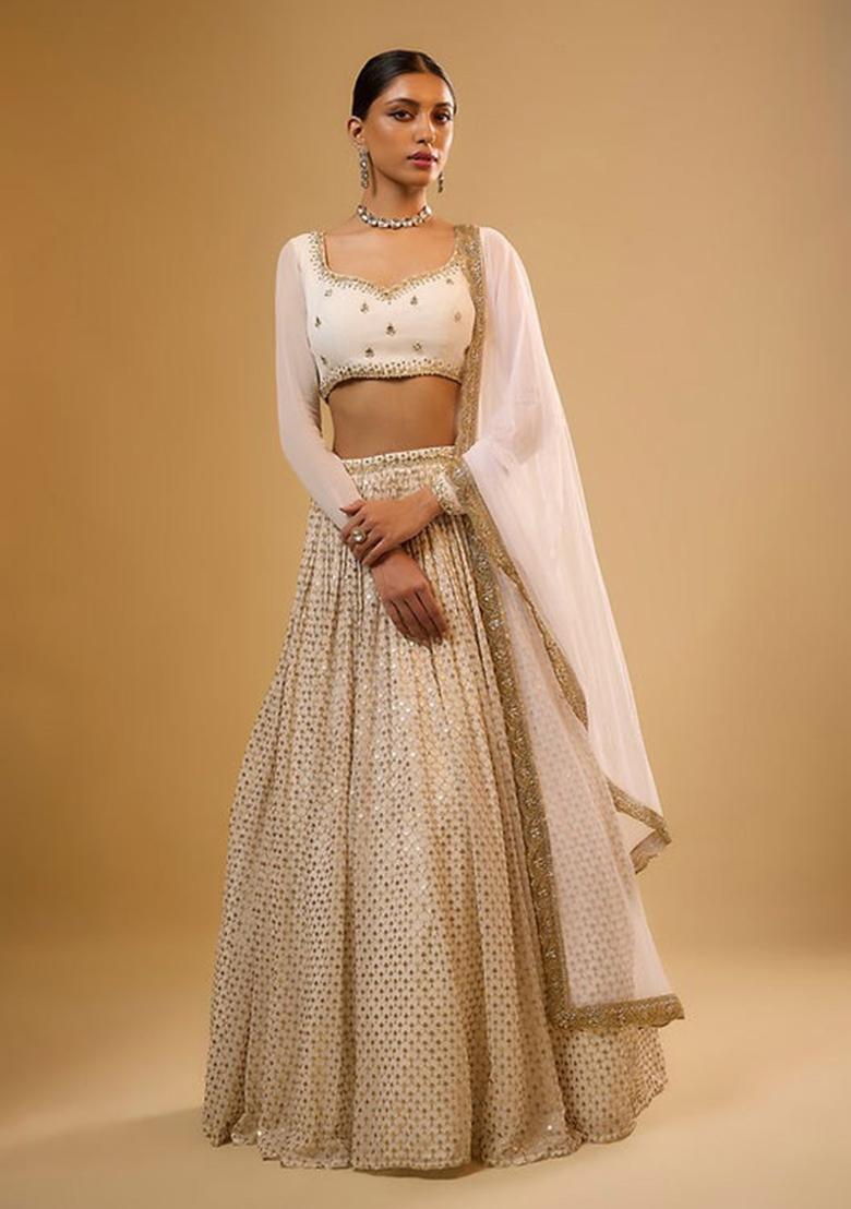 White Sequin Work Georgette Lehenga Set - Indya