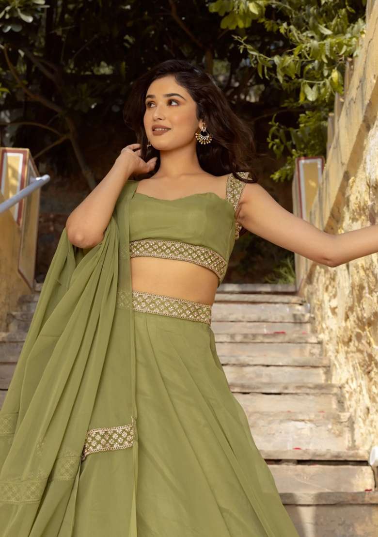 Pista Green Embroidery Georgette Lehenga Set for Diwali and Festive Wear - Indya