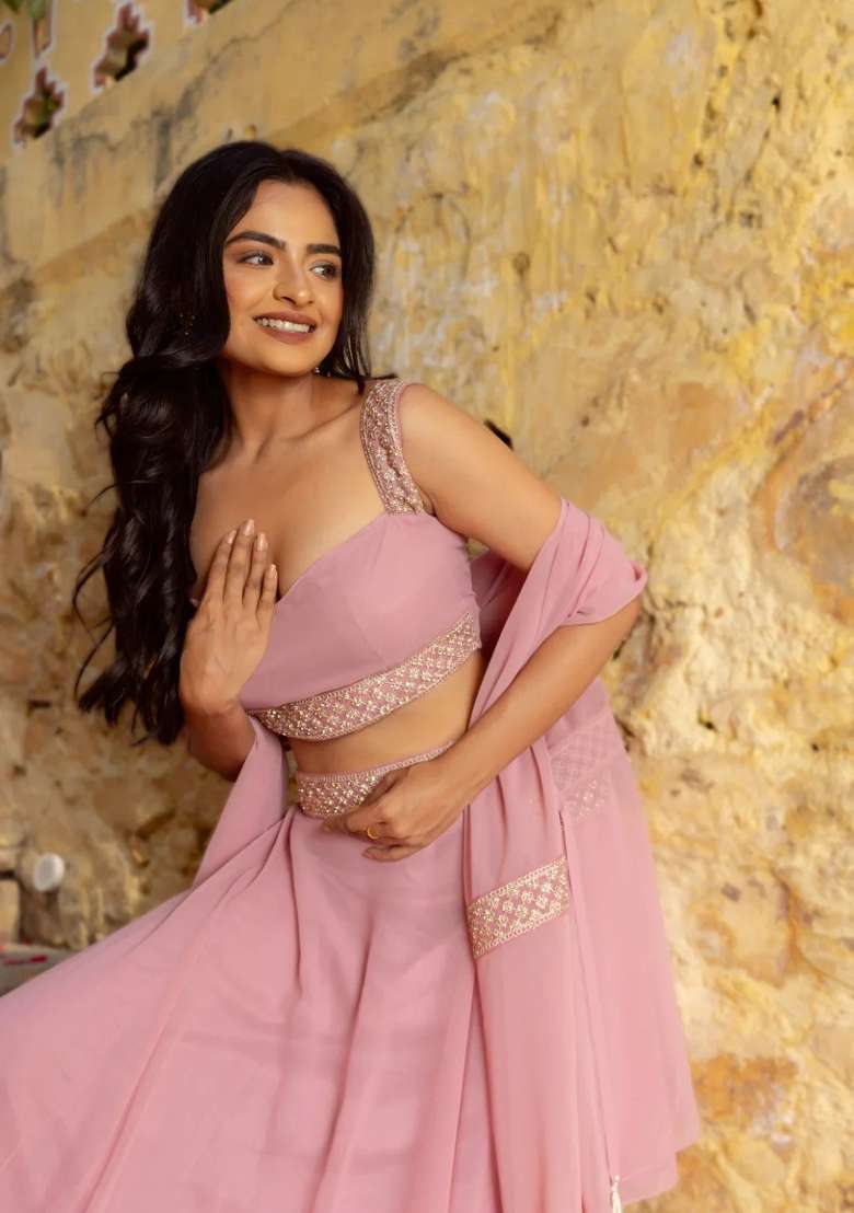 Pink Embroidery Georgette Lehenga Set for Diwali and Festive Wear - Indya