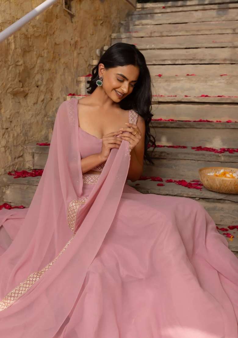 Pink Embroidery Georgette Lehenga Set - Indya
