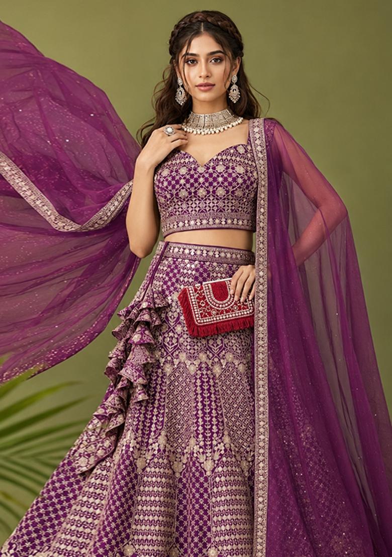 Wine Sequin Work Georgette Lehenga Set - Indya