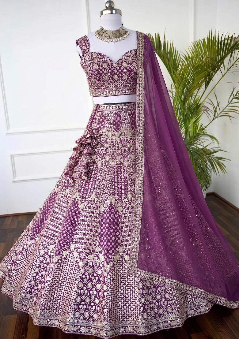 Wine Sequin Work Georgette Lehenga Set - Indya
