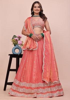 Peach Sequin Work Silk Lehenga Set