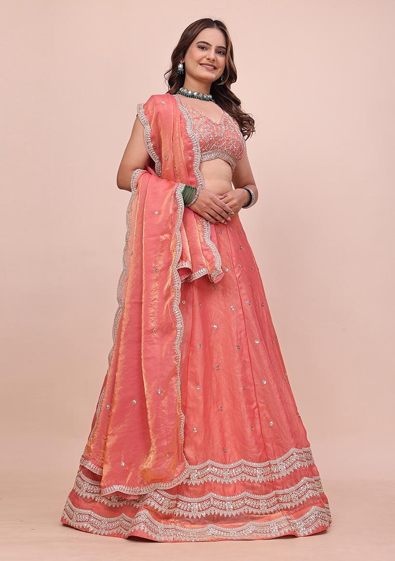Peach Sequin Work Silk Lehenga Set - Indya