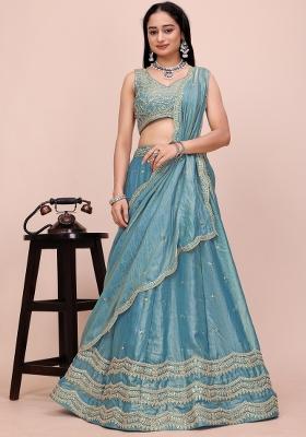 Teal Green Sequin Work Silk Lehenga Set