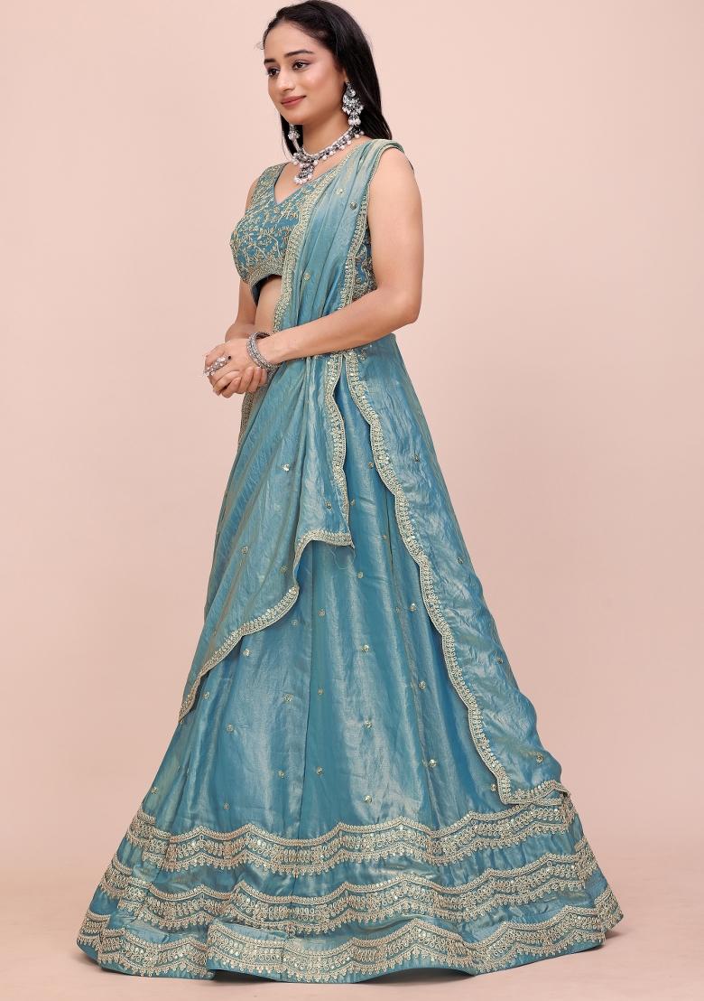 Teal Green Sequin Work Silk Lehenga Set - Indya