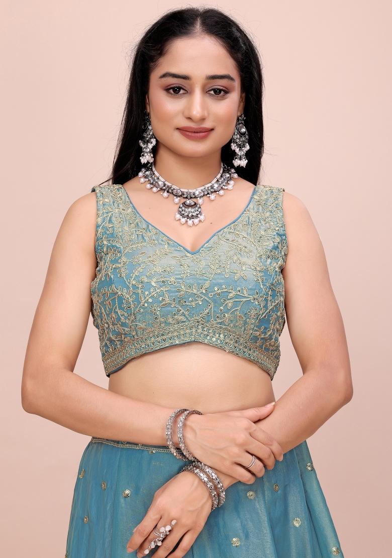 Teal Green Sequin Work Silk Lehenga Set - Indya
