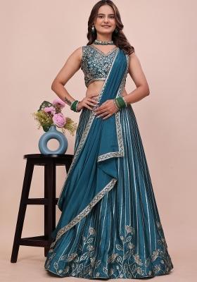 Teal Green Sequin Work Chinon Lehenga Set