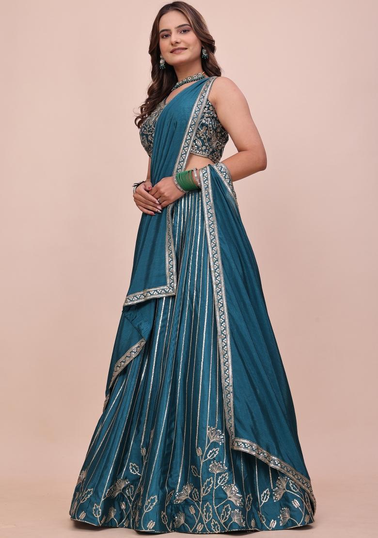 Teal Green Sequin Work Chinon Lehenga Set - Indya