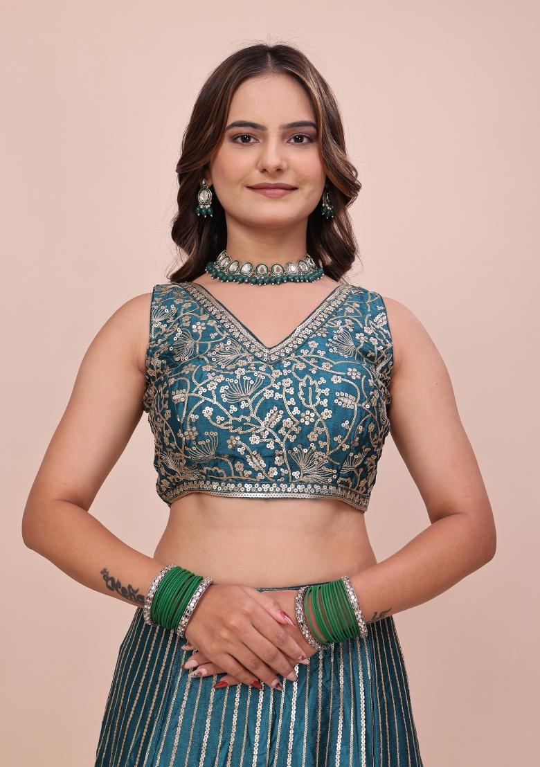 Teal Green Sequin Work Chinon Lehenga Set - Indya