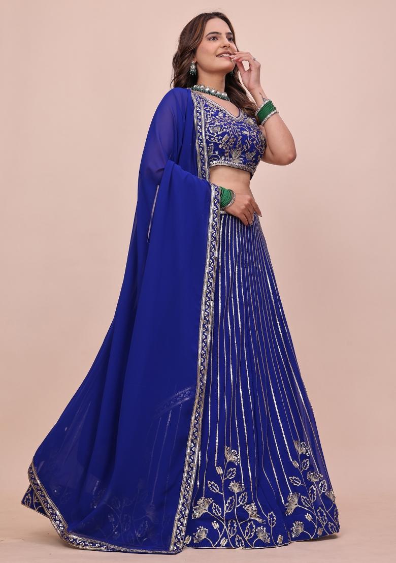 Royal Blue Sequin Work Georgette Lehenga Set - Indya