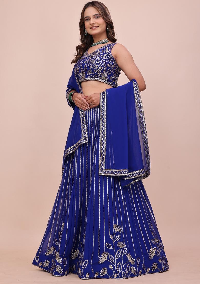 Royal Blue Sequin Work Georgette Lehenga Set - Indya