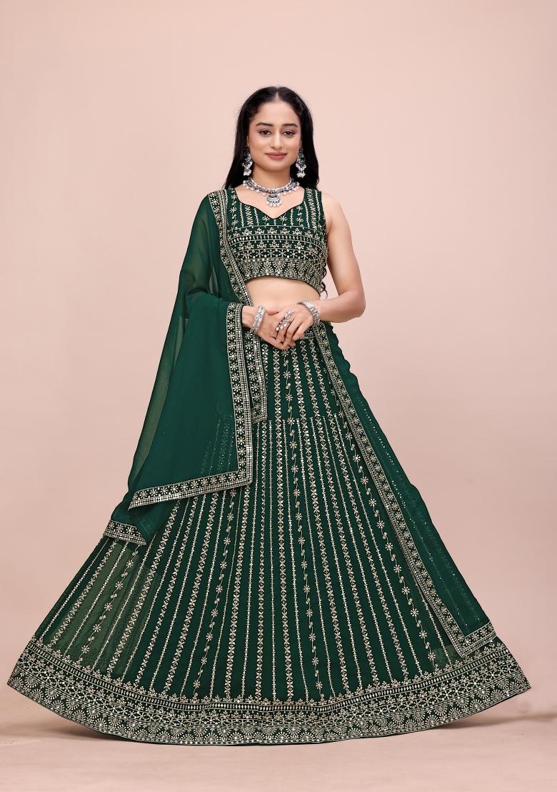 Bottle Green Sequin Work Georgette Lehenga Set - Indya