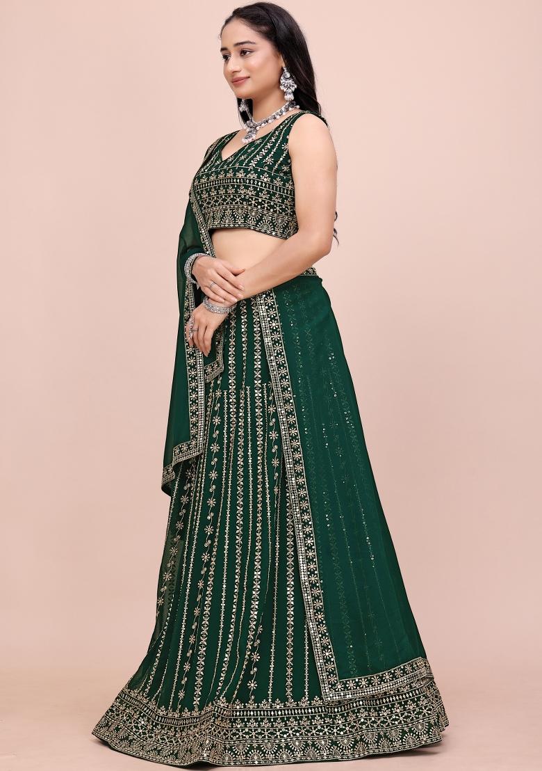 Bottle Green Sequin Work Georgette Lehenga Set - Indya