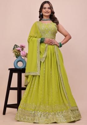 Parrot Green Sequin Work Georgette Lehenga Set