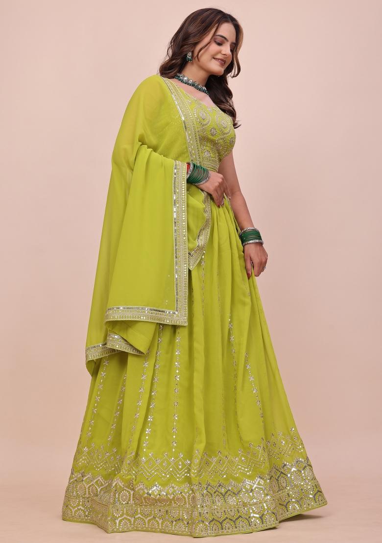 Parrot Green Sequin Work Georgette Lehenga Set - Indya